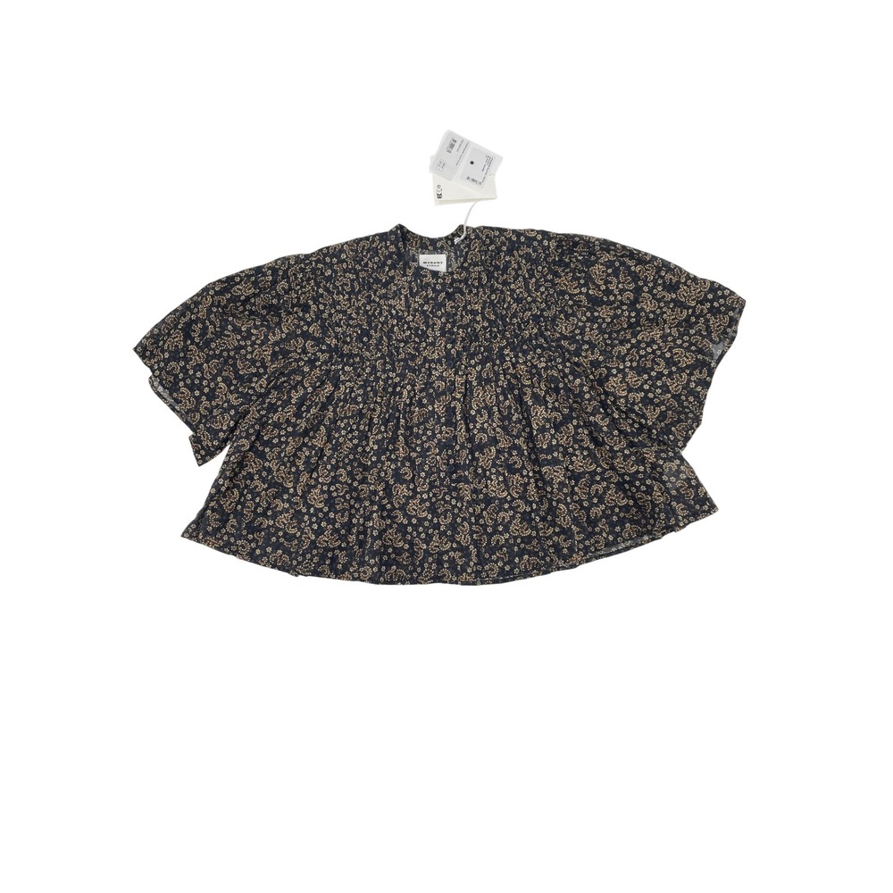 Marant Etoile Destiny Top 42 Black Ochre New Floral Smocked Cotton Blouse